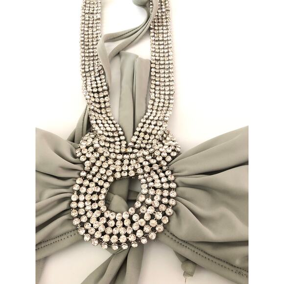 Sky Bikini Top Rhinestone Halter Embellished Gray NWT S - Picture 2 of 8
